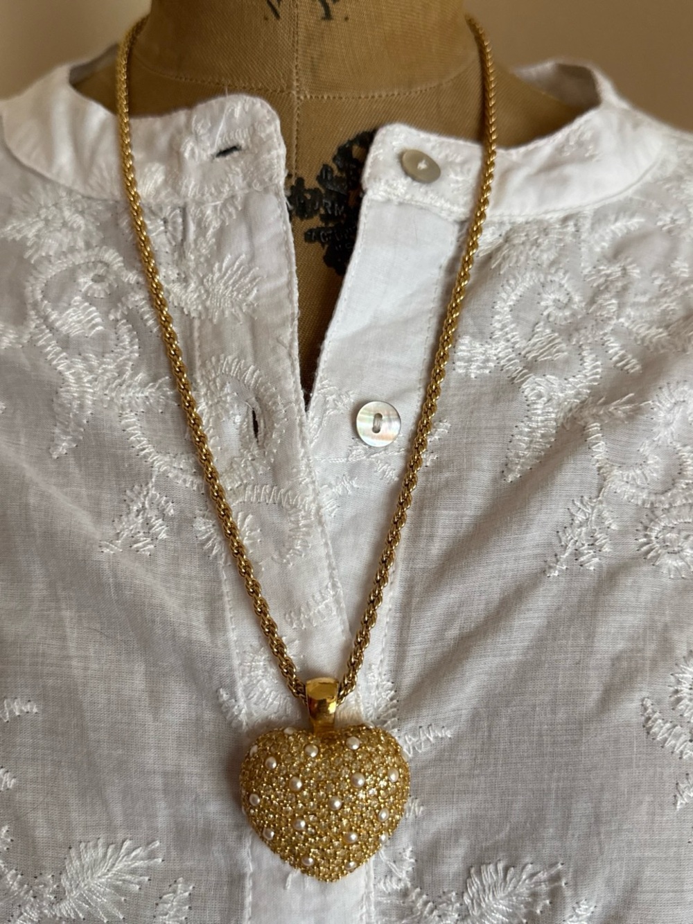 Vintage Dior Gold Pavé Crystal Faux Pearl Heart Necklace